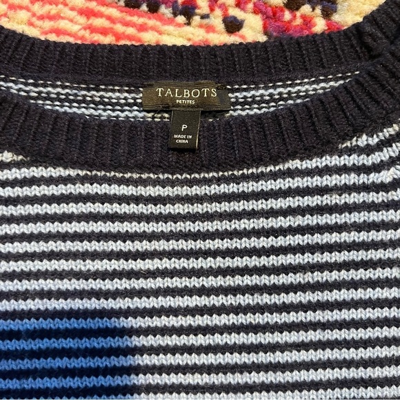 Talbots Sweater Top Women petite Navy Blue Lambswool Striped Long Sleeve Classic - Picture 3 of 6